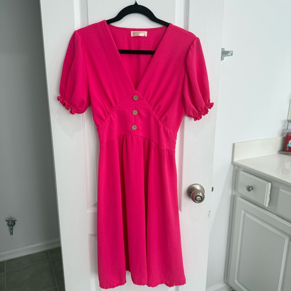 Seven Islands Pink Midi Sundress with Puff Sleeves and V-Neck Small